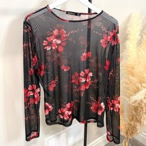 Boohoo Black Sheer Mesh Floral Long Sleeve Top